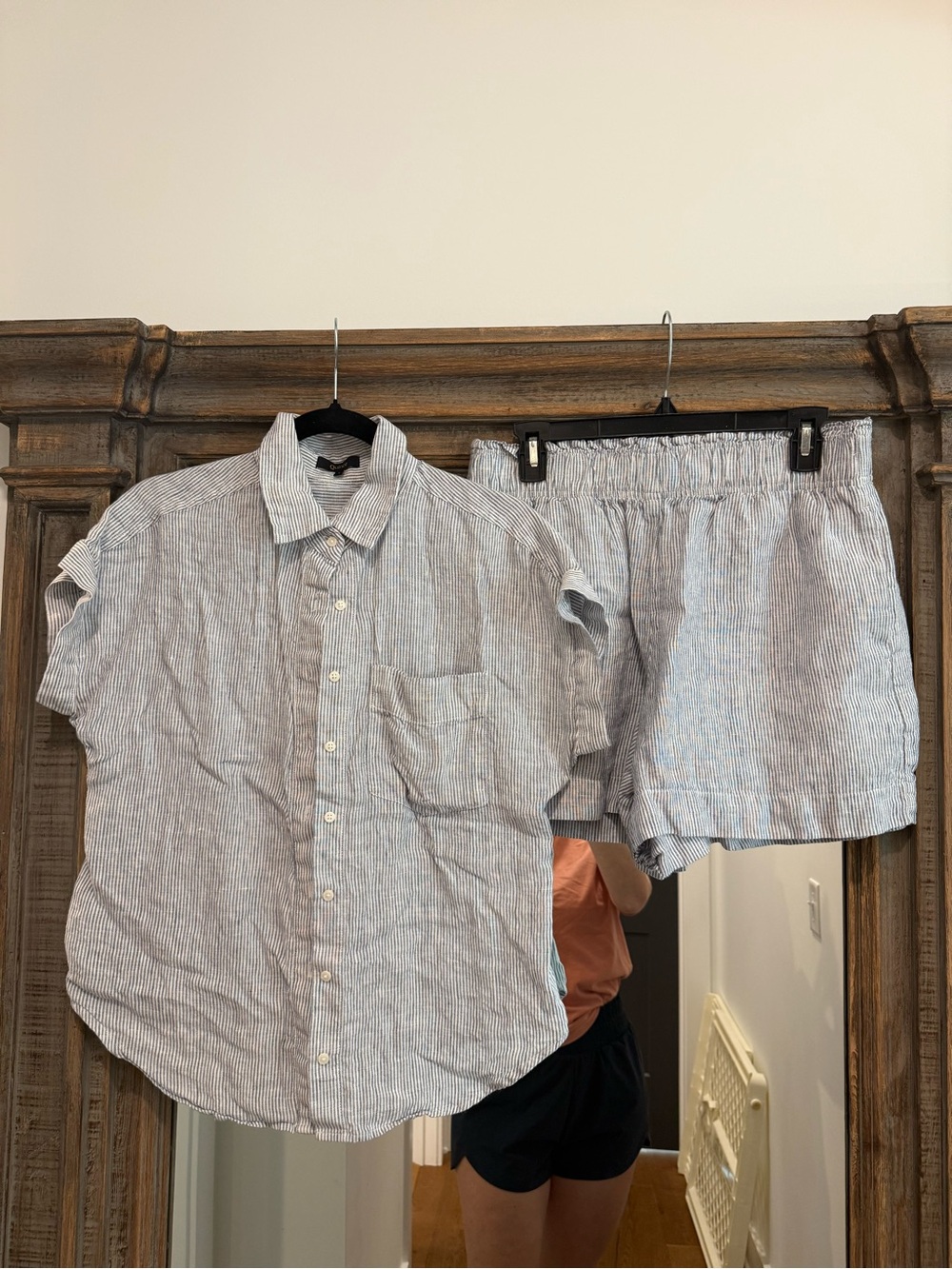 Quince Light Blue Striped Short Sleeve Shirt and Shorts Set Linen